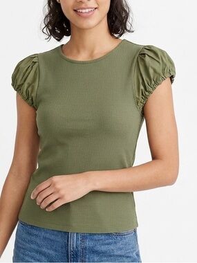 J. CREW Ribbed Olive Green Puff Sleeve Tank Top
